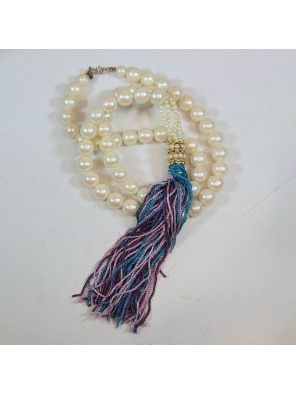 Vintage Cadoro Faux Pearl Tassel Necklace Bold Flapper Statement Jewelry 31 Inch - Picture 3 of 14